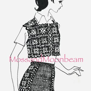 May include: Black and white illustration of a two-piece outfit. The top is a short-sleeved shirt with a floral lace overlay. The skirt is a matching lace design. The text "MossandMoonbeam" is in pink.