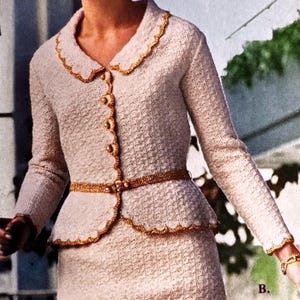 Vintage Virkat Mönster Dam Peplum Kostym ~ Kjol och Kavaj #411