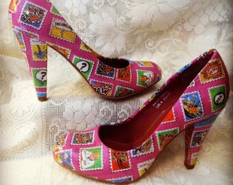 UK 4 (37) Pink Comic Stamp Decoupage Shoes Heels