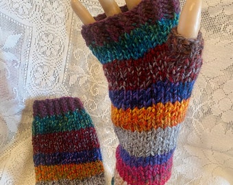 Stripy Hand-Knitted Fingerless Arm Gloves Mittens