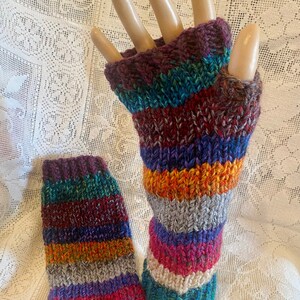 Stripy Hand-Knitted Fingerless Arm Gloves Mittens