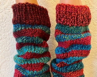 PRE-ORDER - Red and Sea-Green Stripey Christmas Hand-Knitted, Chunky Leg Warmers