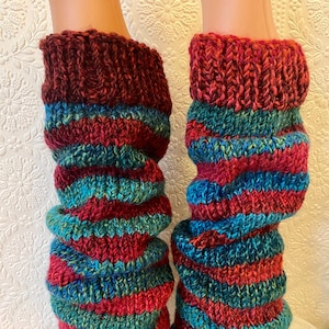 PRE-ORDER Red and Sea-Green Stripey Christmas Hand-Knitted, Chunky Leg Warmers image 1