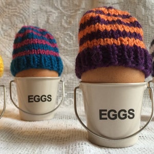 Set of Four Beanie Hat Knitted Egg Cosies, Easter Gift
