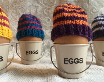 Set of Four Beanie Hat Knitted Egg Cosies, Easter Gift