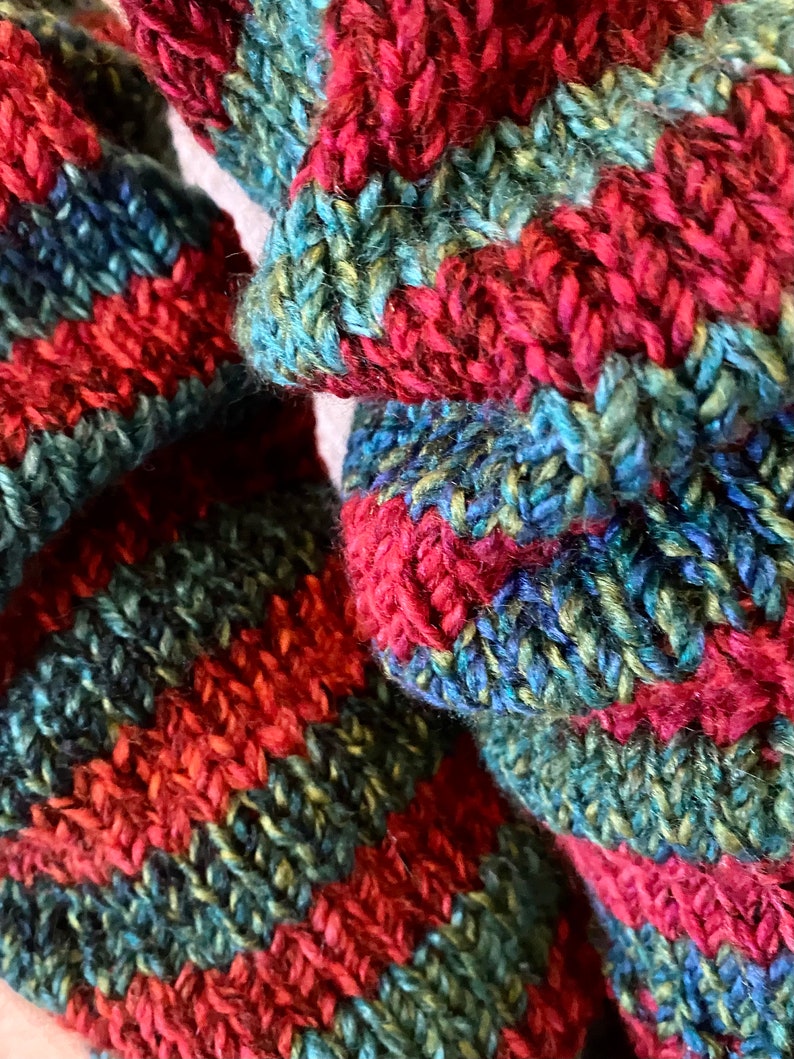 PRE-ORDER Red and Sea-Green Stripey Christmas Hand-Knitted, Chunky Leg Warmers image 3
