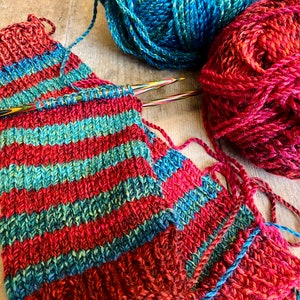 PRE-ORDER Red and Sea-Green Stripey Christmas Hand-Knitted, Chunky Leg Warmers image 8