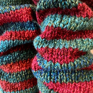 PRE-ORDER Red and Sea-Green Stripey Christmas Hand-Knitted, Chunky Leg Warmers image 4