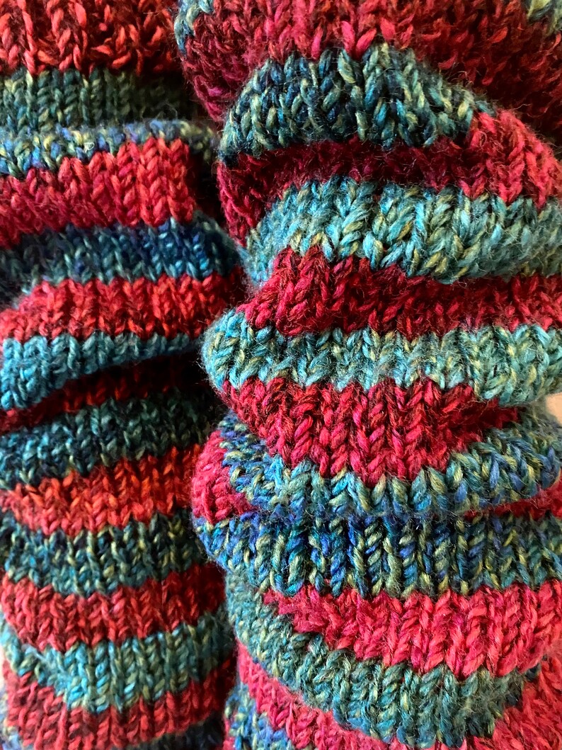 PRE-ORDER Red and Sea-Green Stripey Christmas Hand-Knitted, Chunky Leg Warmers image 4