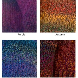 Peut inclure: Gros plan sur quatre &eacute;chantillons de tissu tricot&eacute;. Les &eacute;chantillons sont &eacute;tiquet&eacute;s : Purple, Autumn, Petrol et Rust. L'&eacute;chantillon Purple est violet fonc&eacute;. L'&eacute;chantillon Autumn pr&eacute;sente des nuances d'orange, de jaune et de vert. L'&eacute;chantillon Petrol est bleu et vert. L'&eacute;chantillon Rust est un m&eacute;lange de rouge et de marron.