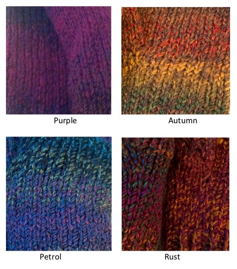 Peut inclure: Gros plan sur quatre &eacute;chantillons de tissu tricot&eacute;. Les &eacute;chantillons sont &eacute;tiquet&eacute;s : Purple, Autumn, Petrol et Rust. L'&eacute;chantillon Purple est violet fonc&eacute;. L'&eacute;chantillon Autumn pr&eacute;sente des nuances d'orange, de jaune et de vert. L'&eacute;chantillon Petrol est bleu et vert. L'&eacute;chantillon Rust est un m&eacute;lange de rouge et de marron.