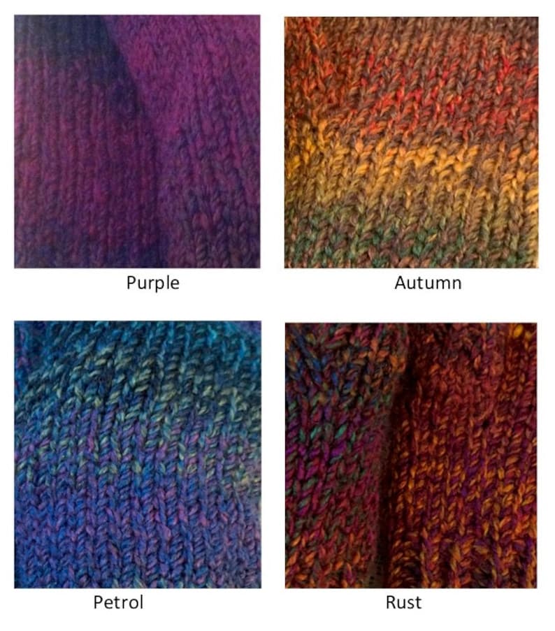 Puede incluir: Cuatro muestras de color de hilo diferentes, cada una mostrando un primer plano de la textura de punto. Los colores son morado, oto&ntilde;o, petr&oacute;leo y &oacute;xido.