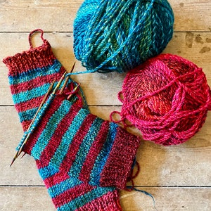 PRE-ORDER Red and Sea-Green Stripey Christmas Hand-Knitted, Chunky Leg Warmers image 9