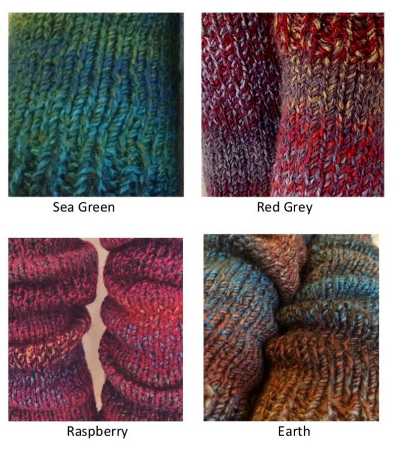 Puede incluir: Primer plano de cuatro colores de hilo diferentes: verde mar, gris rojo, frambuesa y tierra. El hilo es texturizado y tiene un efecto degradado.