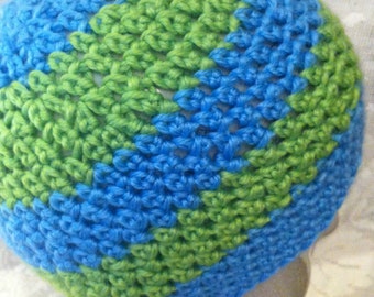 Baby Beanie Crochet Hat Green Blue Stripe