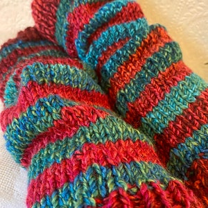 PRE-ORDER Red and Sea-Green Stripey Christmas Hand-Knitted, Chunky Leg Warmers image 2