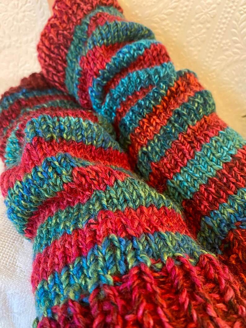 PRE-ORDER Red and Sea-Green Stripey Christmas Hand-Knitted, Chunky Leg Warmers image 2