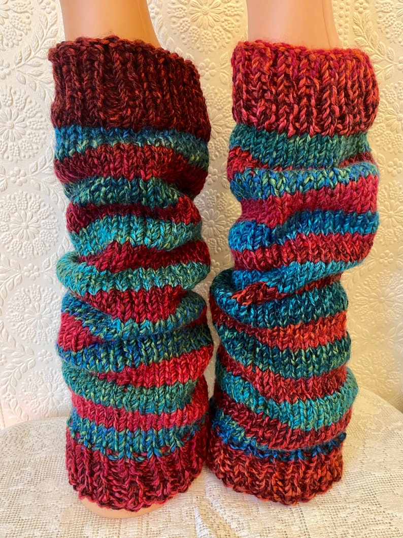 PRE-ORDER Red and Sea-Green Stripey Christmas Hand-Knitted, Chunky Leg Warmers image 1