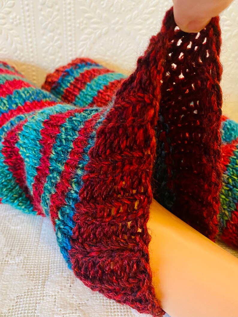 PRE-ORDER Red and Sea-Green Stripey Christmas Hand-Knitted, Chunky Leg Warmers image 5