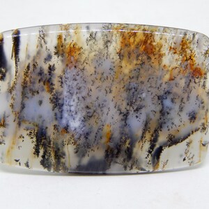 May include: A polished, rectangular agate cabochon with a white, gray, and brown dendritic pattern. The agate has a smooth, polished surface and a translucent appearance.
