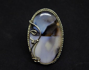 Mountains lake stainless steel ring with dendritic opal cabochon Natural Dendritic moss agate ring merlinite ring