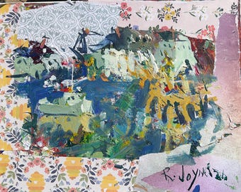 Coastal Landscape Original Painting – Mixed Media Collage Seascape (20x16 Canvas)
