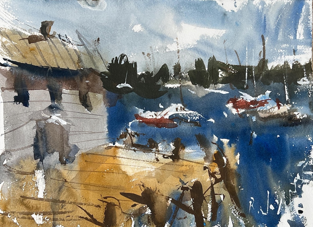 Loose Watercolor Coastal Landscape – Fish Shack & Lobster Boats – 11x15 ...