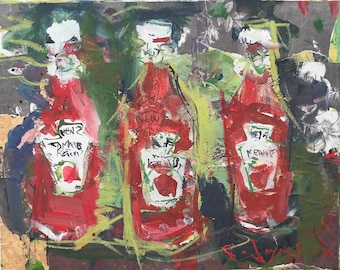Three Ketchup Bottles Original Painting – Kitchen Pop Art – 20x16 Canvas