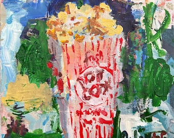 Popcorn Box Original Painting – Movie Night Food Art – 12x12 Mixed Media Canvas