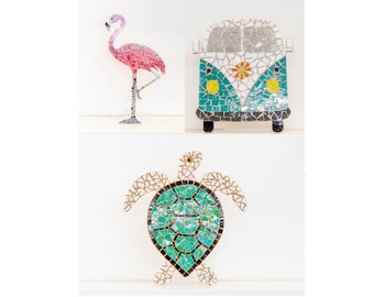 May include: Three mosaic wall art pieces: a pink flamingo, a teal blue Volkswagen van with a yellow flower, and a green sea turtle.