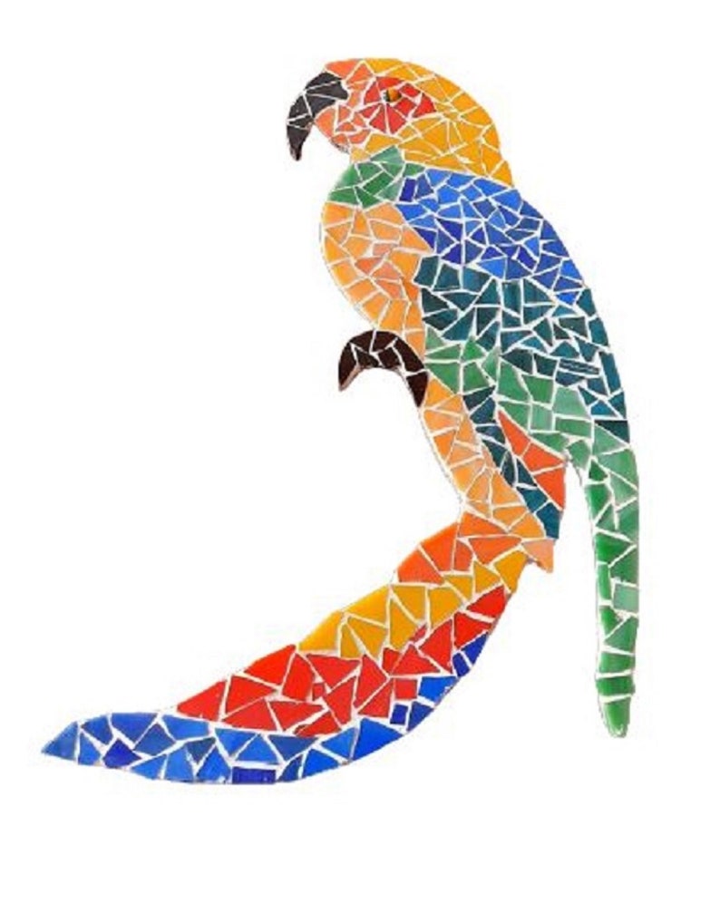 Puede incluir: Un loro de mosaico colorido con cabeza amarilla, cuerpo azul, alas verdes y cola roja, naranja y azul.