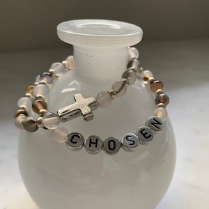 Jasper bracelet set, stretch stackable bracelet, christian jewelry, word bracelet, chosen, gift for women or girls