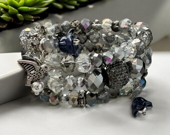 Hummingbird Beaded Memory Wire Bracelet: Gray Faceted Glass, Rhinestone Accents, inspirational gift
