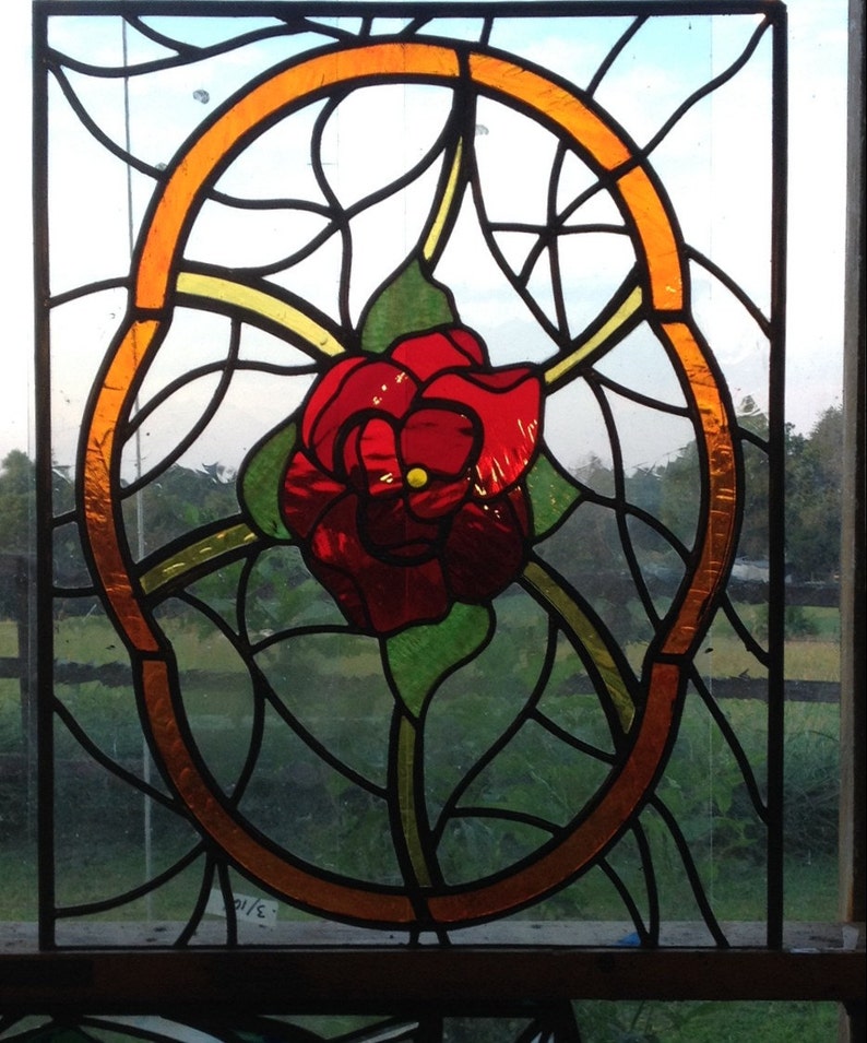 Custom Stained Glass Pink Rose Window 21 1/2 X 35 1/2 Etsy