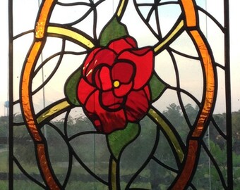 TOY's × INITY Pink rose Window Stained Glass Art Nouveau - W-474 - Pink Rose Vine Window