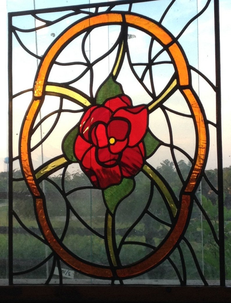 Custom Stained Glass Pink Rose Window 21 1/2 X 35 1/2 Etsy