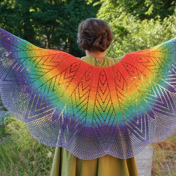 Whimsical fairy wings crescent shawl crochet pattern - Rainbow aurora capelet | US terms and UK terms, low vision and mobile friendly