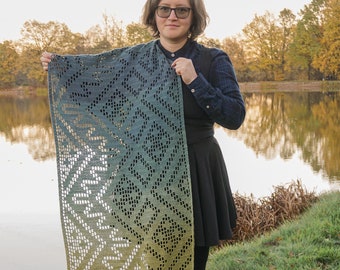 Poiana filet crochet shawl pattern - Full & short instructions, crochet symbol charts, filet crochet charts, rectangle shawl crochet pattern