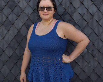 Tunisian crochet top or dress pattern with lacy skirt or peplum - 12 sizes up to 72" or 180 cm bust with 4" or 10 cm ease