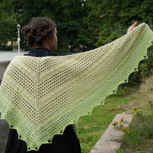 May include: A light green crochet shawl with a scalloped edge. The shawl is draped over a person's shoulders and is being held out in front of them.