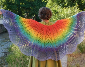Whimsical fairy wings crescent shawl crochet pattern - Rainbow aurora capelet | US terms and UK terms, low vision and mobile friendly