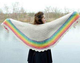 Rainbow crescent shawl crochet pattern, beginner half circle crochet shawl, full instructions, video instructions, UK and US terms