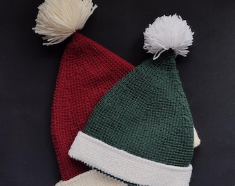 Tunisian crochet elf or Santa hat pattern worked sideways with short rows - includes video tutorials