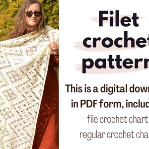 Dolina wrap filet crochet shawl pattern Full crochet symbol charts, filet crochet charts Rectangle shawl crochet pattern for women image 2