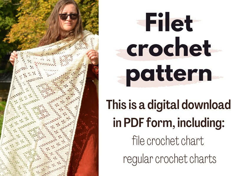 Dolina wrap filet crochet shawl pattern Full crochet symbol charts, filet crochet charts Rectangle shawl crochet pattern for women image 2