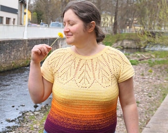 Summer top crochet pattern for women with lacy feather round yoke - includes plus sizes, charts, US terms and UK terms