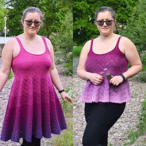 Könnte beinhalten: Ein ärmelloses Strickkleid und ein passendes ärmelloses Strickoberteil, beide mit einem leuchtenden Farbverlauf von Magenta zu Dunkellila und einem strukturierten Zickzackmuster im Stoff, mit Rundhalsausschnitt und ausgestelltem Saum.