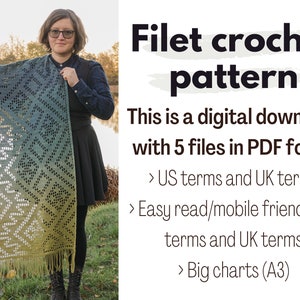 Poiana filet crochet shawl pattern Full & short instructions, crochet symbol charts, filet crochet charts, rectangle shawl crochet pattern image 3