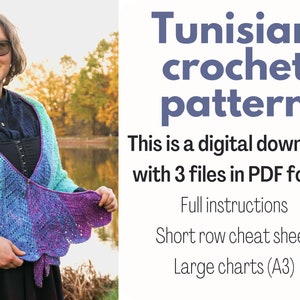 Tunisian Crochet Macaw wings shawl pattern Instant download PDF digital Tunisian crochet wing shaped shawl instructions, charts, video image 2