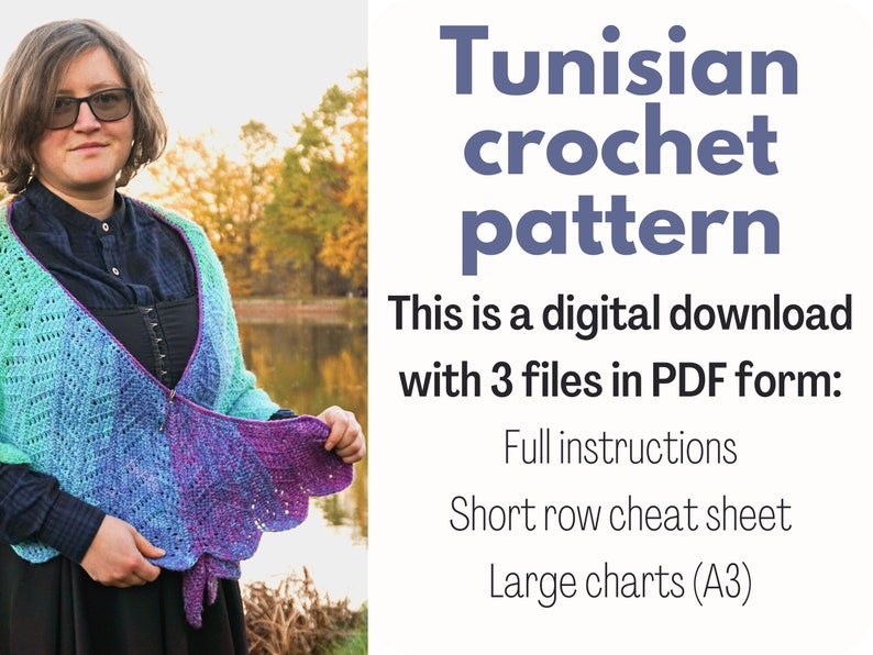 Tunisian Crochet Macaw wings shawl pattern Instant download PDF digital Tunisian crochet wing shaped shawl instructions, charts, video image 2